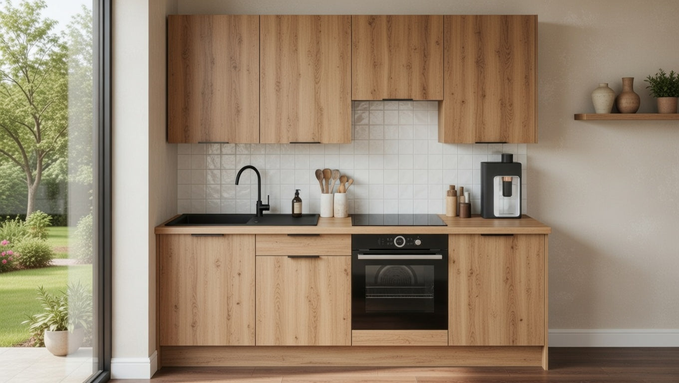 Cuisine équipée Alia texturée, façades lisses et meubles hauts, design épuré sur mesure