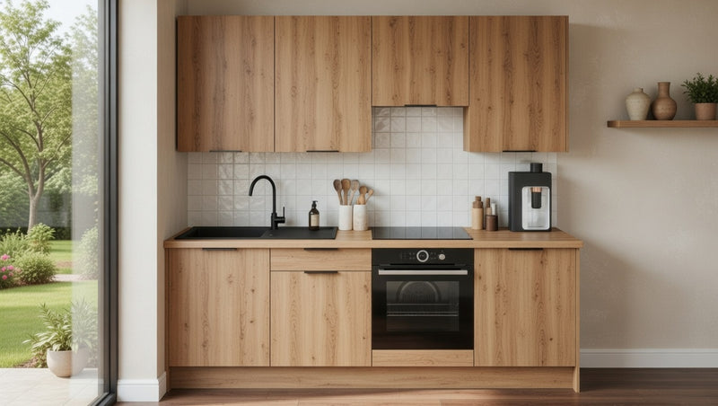 Cuisine équipée Alia texturée, façades lisses et meubles hauts, design épuré sur mesure