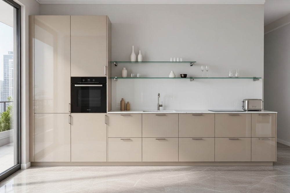 Cuisine en ligne laquée brillante avec colonne électroménager intégrée, style contemporain