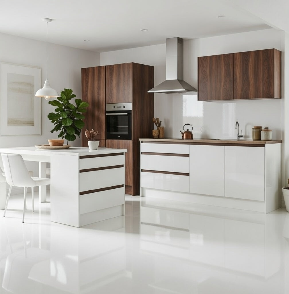 Cuisine avec îlot central laqué brillant, colonne four intégrée, ensemble moderne sur mesure
