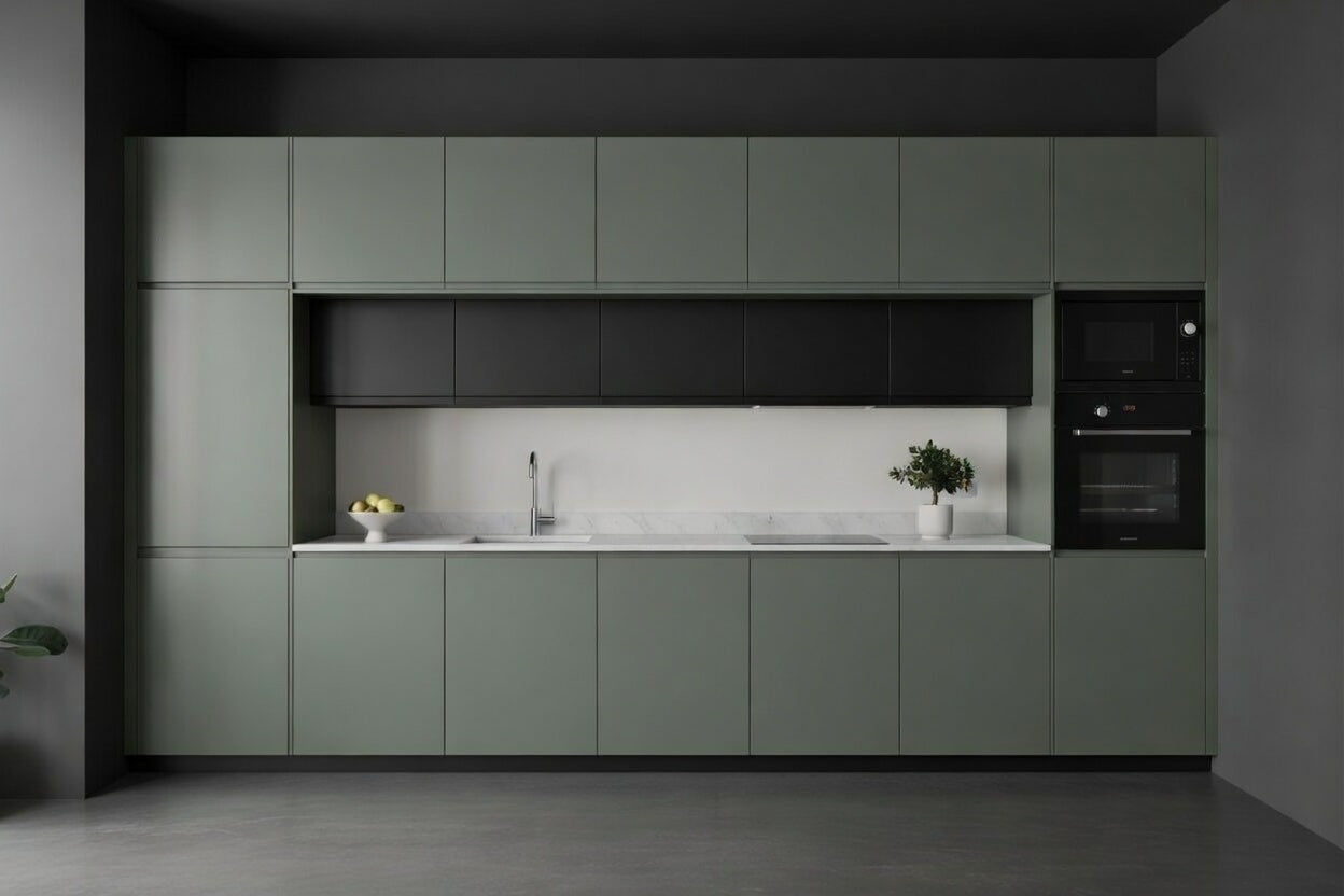 Cuisine linéaire laquée mate pleine hauteur, implantation épurée intégrée au mur