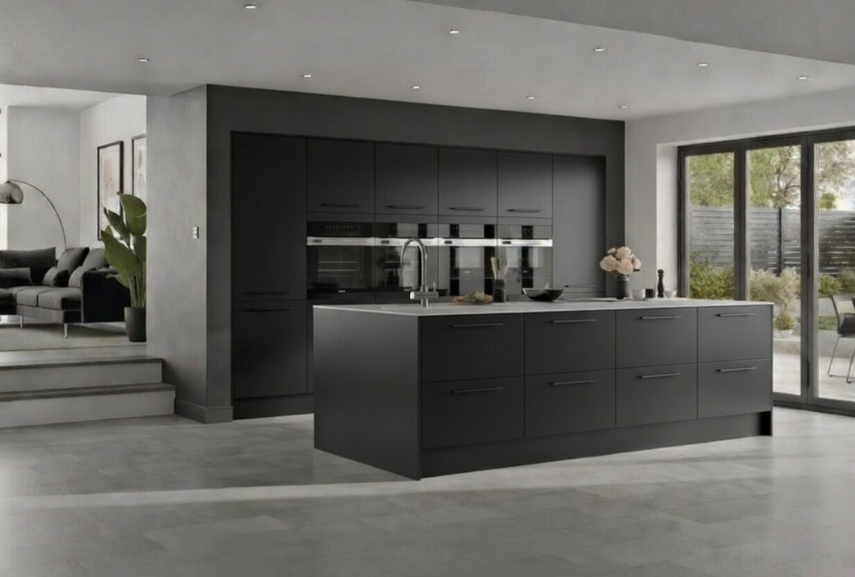 Cuisine avec îlot central laquée mate, armoires intégrées pour électroménager, design épuré sur mesure