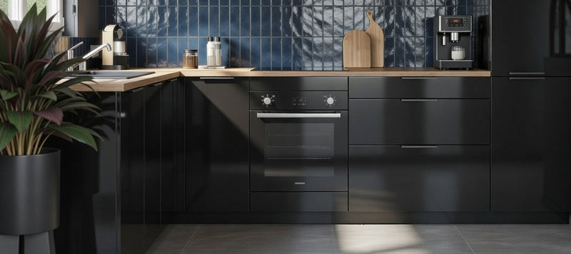 Cuisine d'angle laquée brillante avec rangements en hauteur, aménagement sur mesure