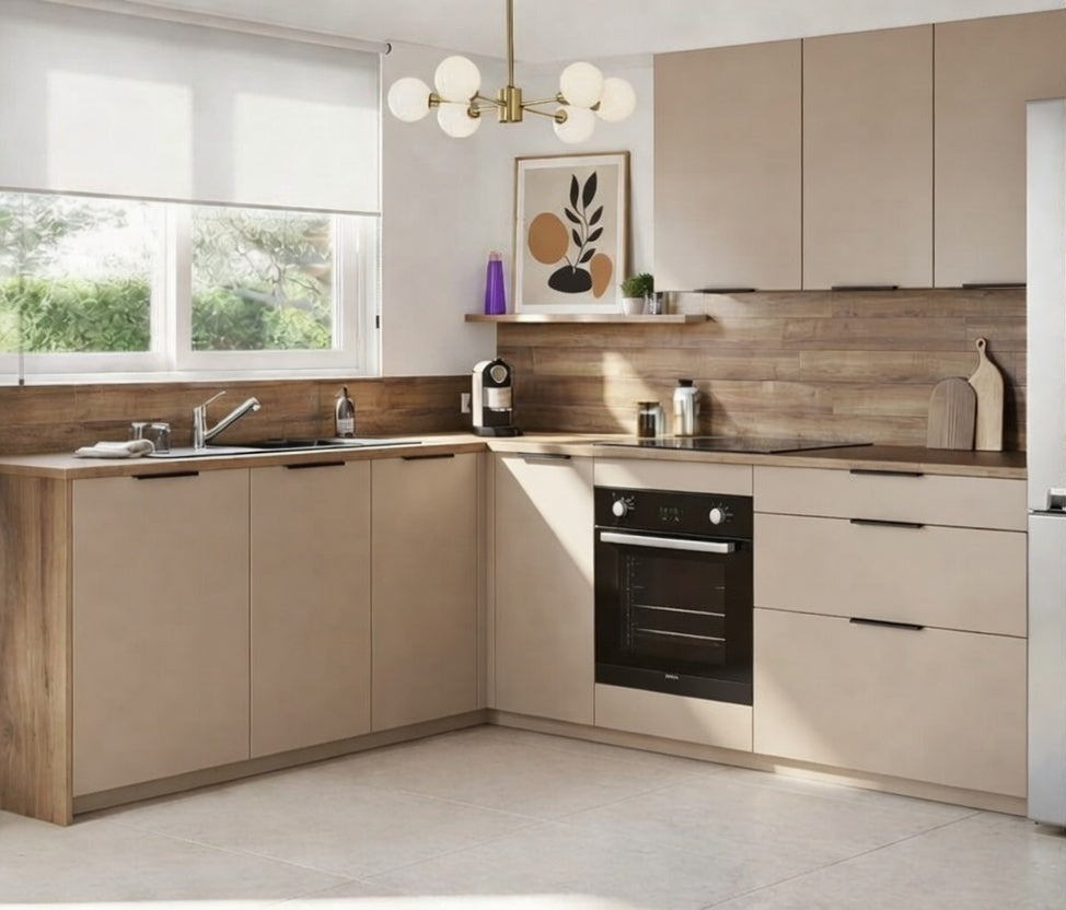 Cuisine d'angle laquée mate sur mesure, rangements hauteur et plan de travail intégrés