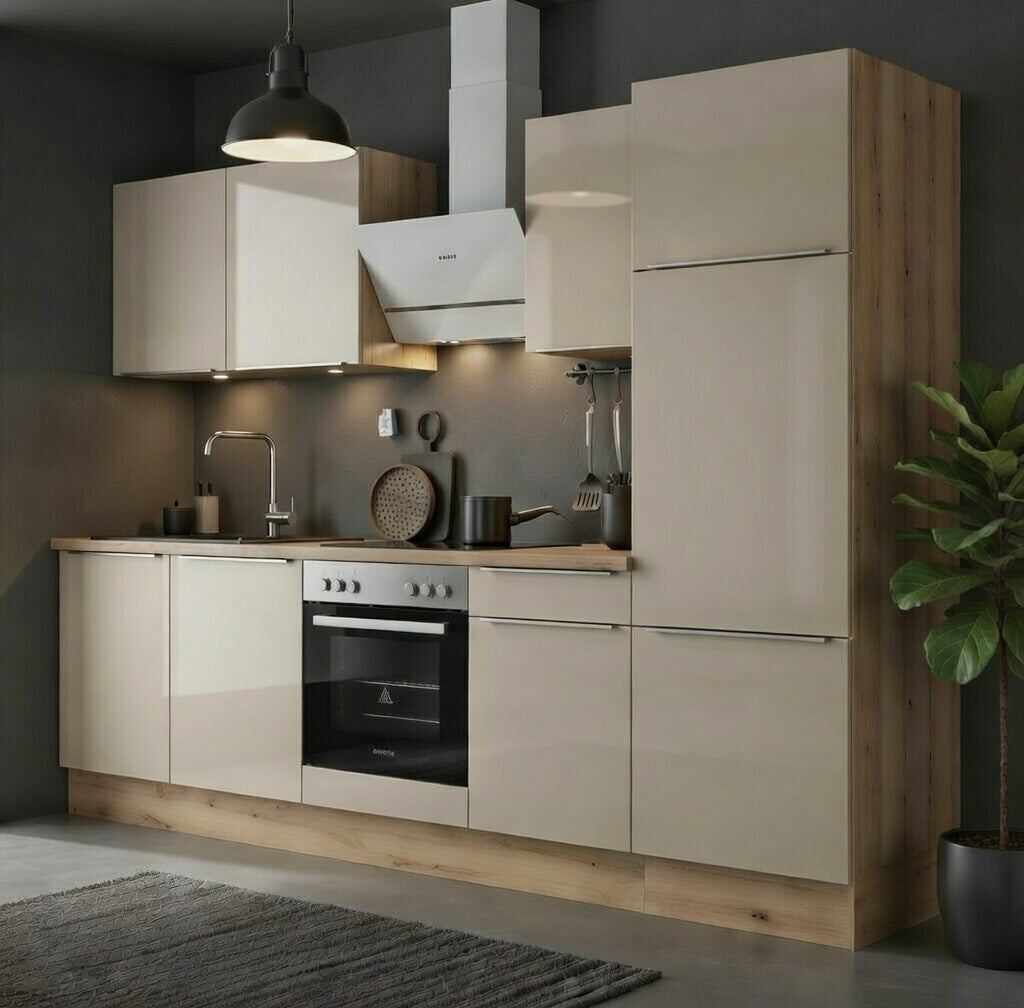 Cuisine une ligne laquée brillant avec colonne intégrée, meubles hauts, design épuré