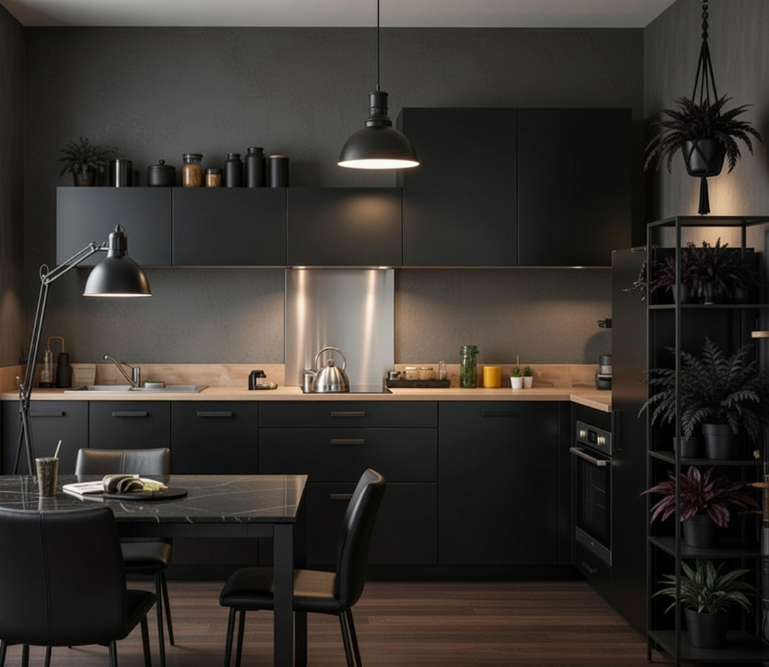 Cuisine en angle mélaminé avec placards en hauteur, optimisation de l'espace sur mesure
