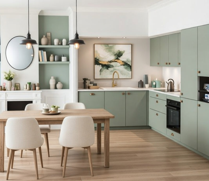 Cuisine d'angle mélaminée Inola avec table intégrée, organisation optimisée en L