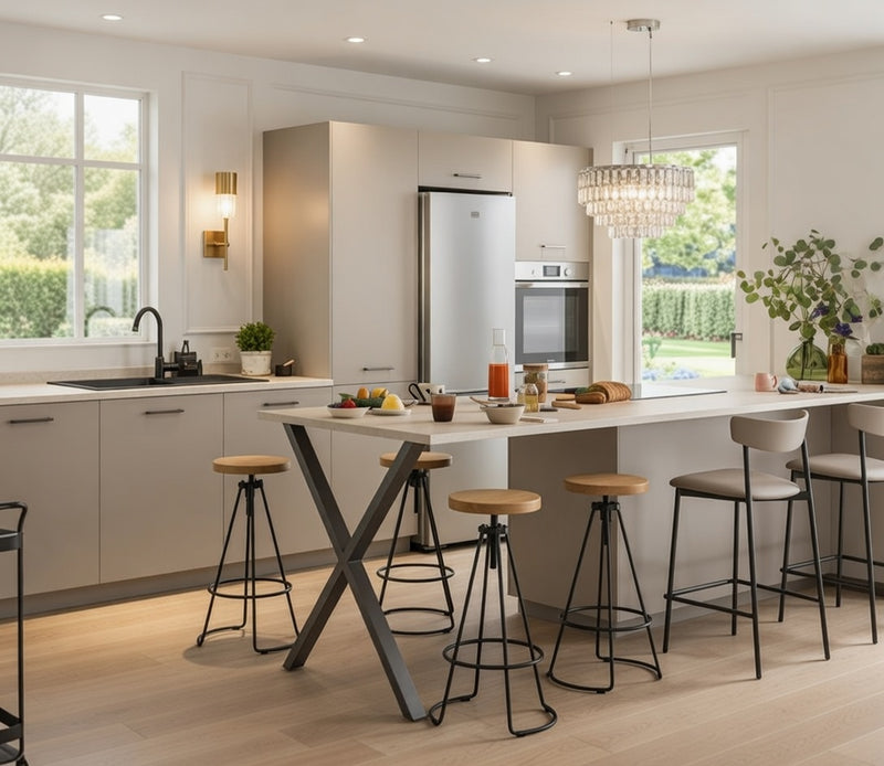 Cuisine ouverte avec îlot central, meubles mélaminé alignés, design épuré et fonctionnel