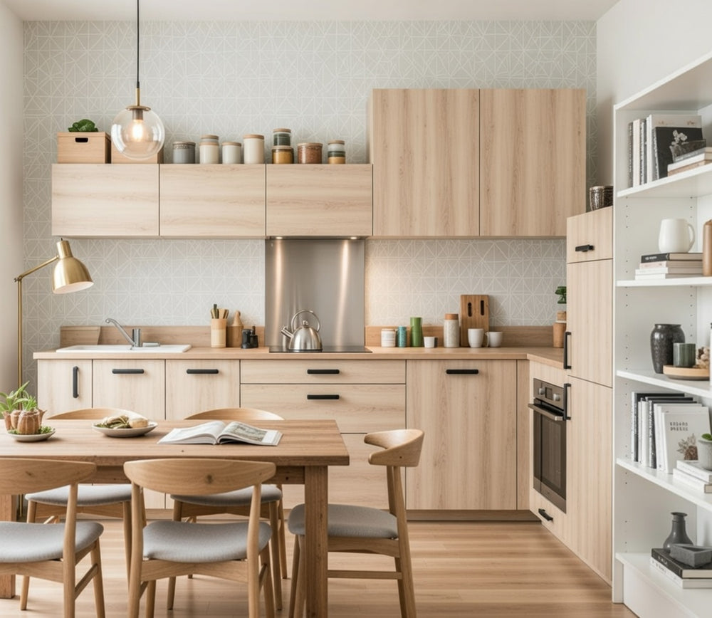 Cuisine en angle texturée avec placards en hauteur, optimisation de l'espace sur mesure
