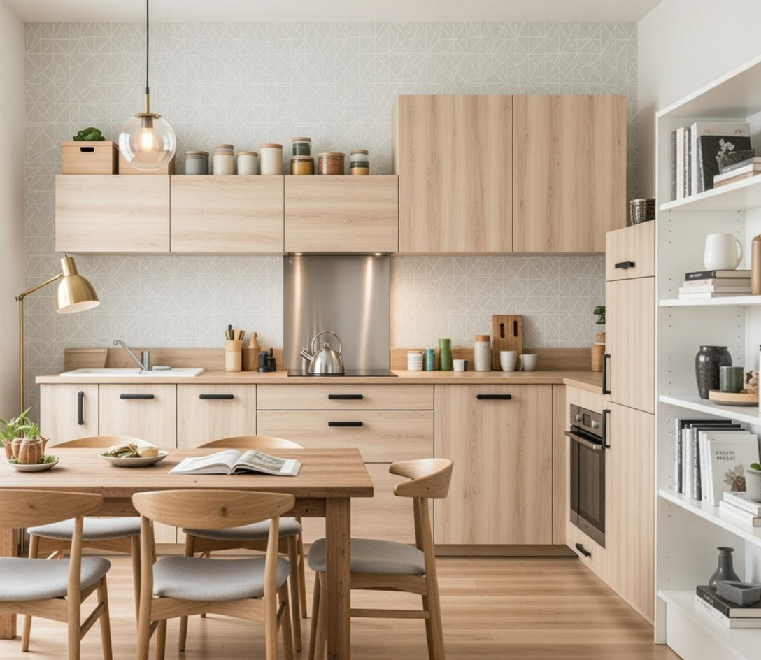 Cuisine en angle texturée avec placards en hauteur, optimisation de l'espace sur mesure