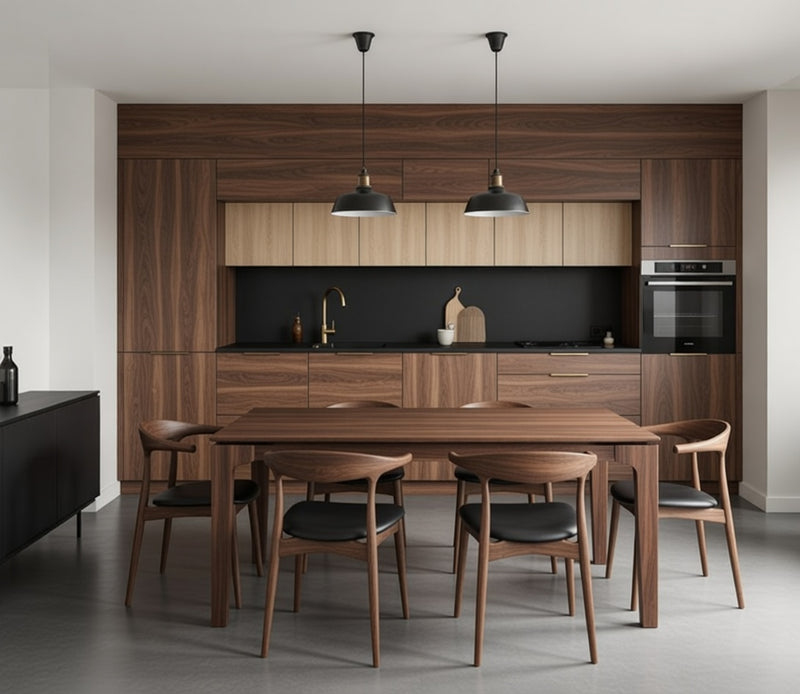Cuisine linéaire texturée Ulia avec colonnes intégrées, design épuré et fonctionnel