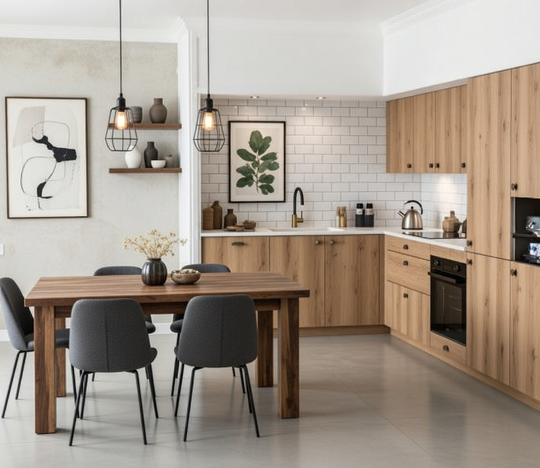 Cuisine d'angle texturée Inola avec table intégrée, organisation optimisée en L
