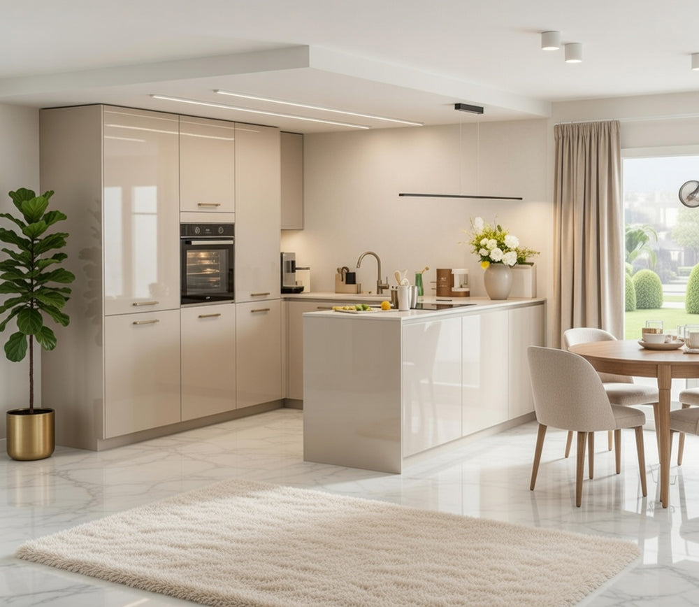 Cuisine laquée brillante avec îlot central et mur d'armoires, modèle Lila sur mesure