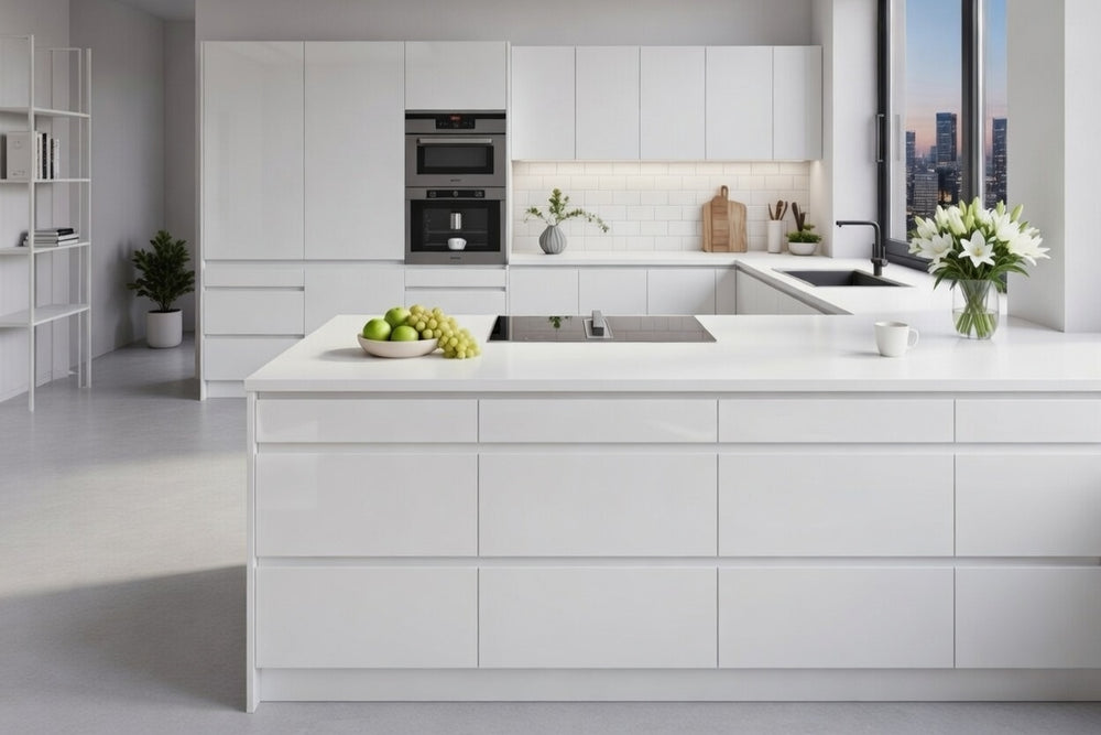 Cuisine moderne avec îlot central, façades sans poignées laquées brillantes, finition contemporaine sur mesure