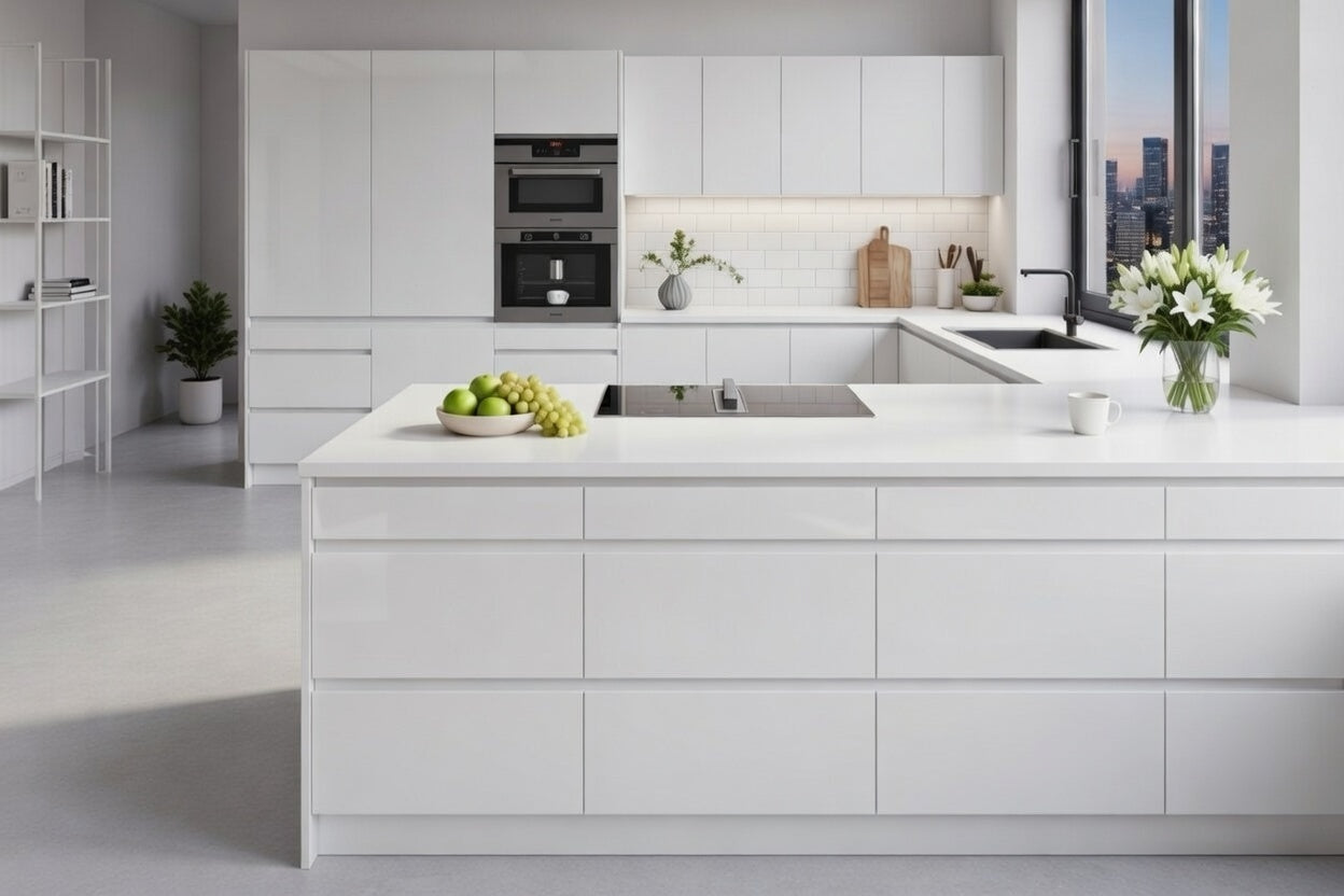 Cuisine moderne avec îlot central, façades sans poignées laquées brillantes, finition contemporaine sur mesure