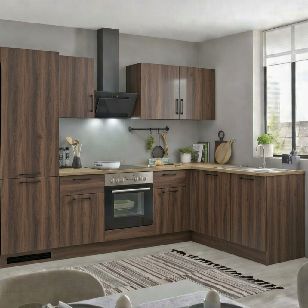 Cuisine d'angle texturée avec placards en hauteur, style épuré et compact sur mesure