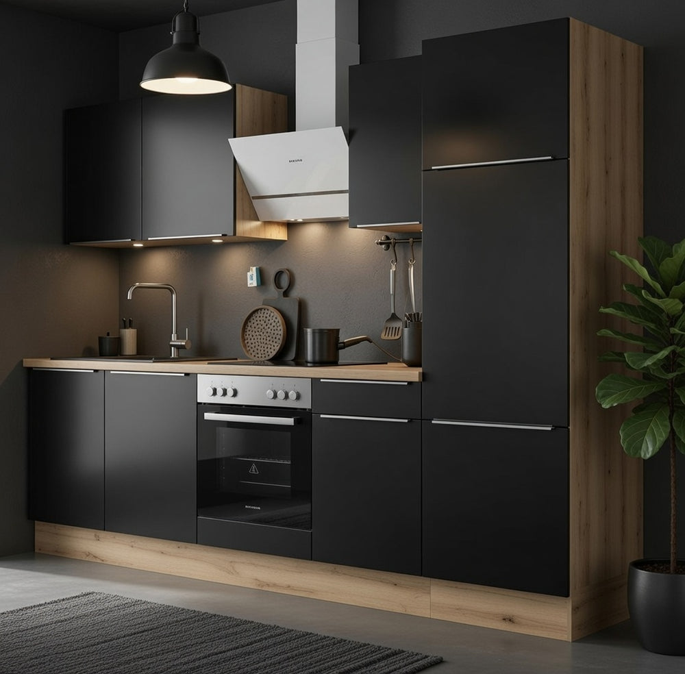 Cuisine sur mesure mélaminé tout en longueur avec colonne intégrée et meubles hauts