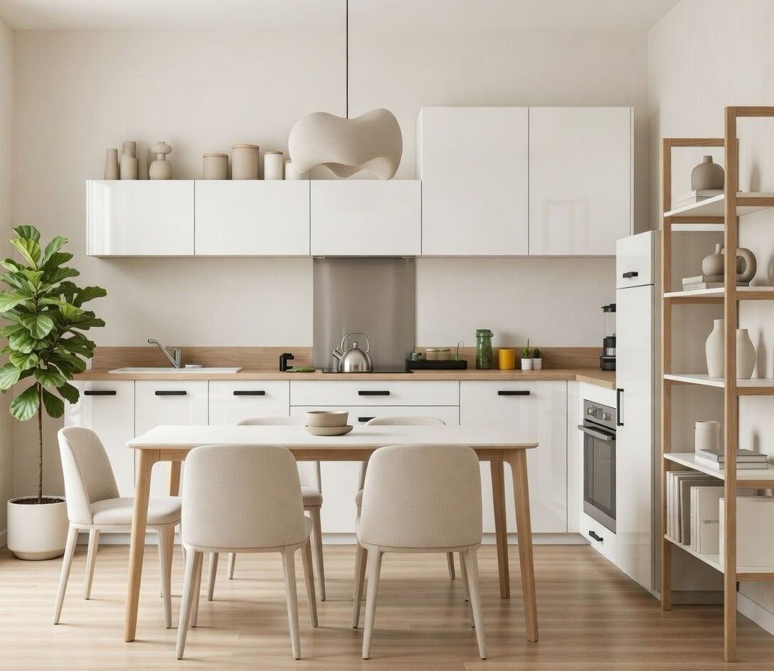Cuisine en angle laquée brillant avec placards en hauteur, rangement optimisé