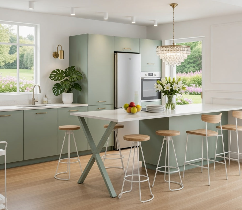 Cuisine ouverte laquée mat avec grand îlot central, style épuré et contemporain