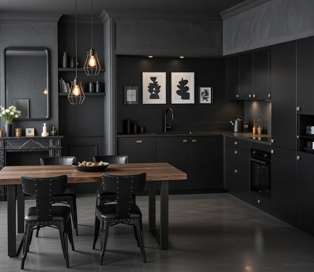 Cuisine d'angle laquée mate blanc cassé, meubles bas et hauts sur mesure, coin repas intégré
