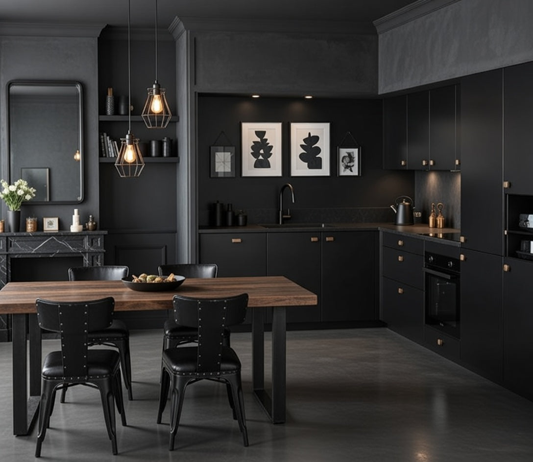 Cuisine d'angle laquée mate blanc cassé, meubles bas et hauts sur mesure, coin repas intégré