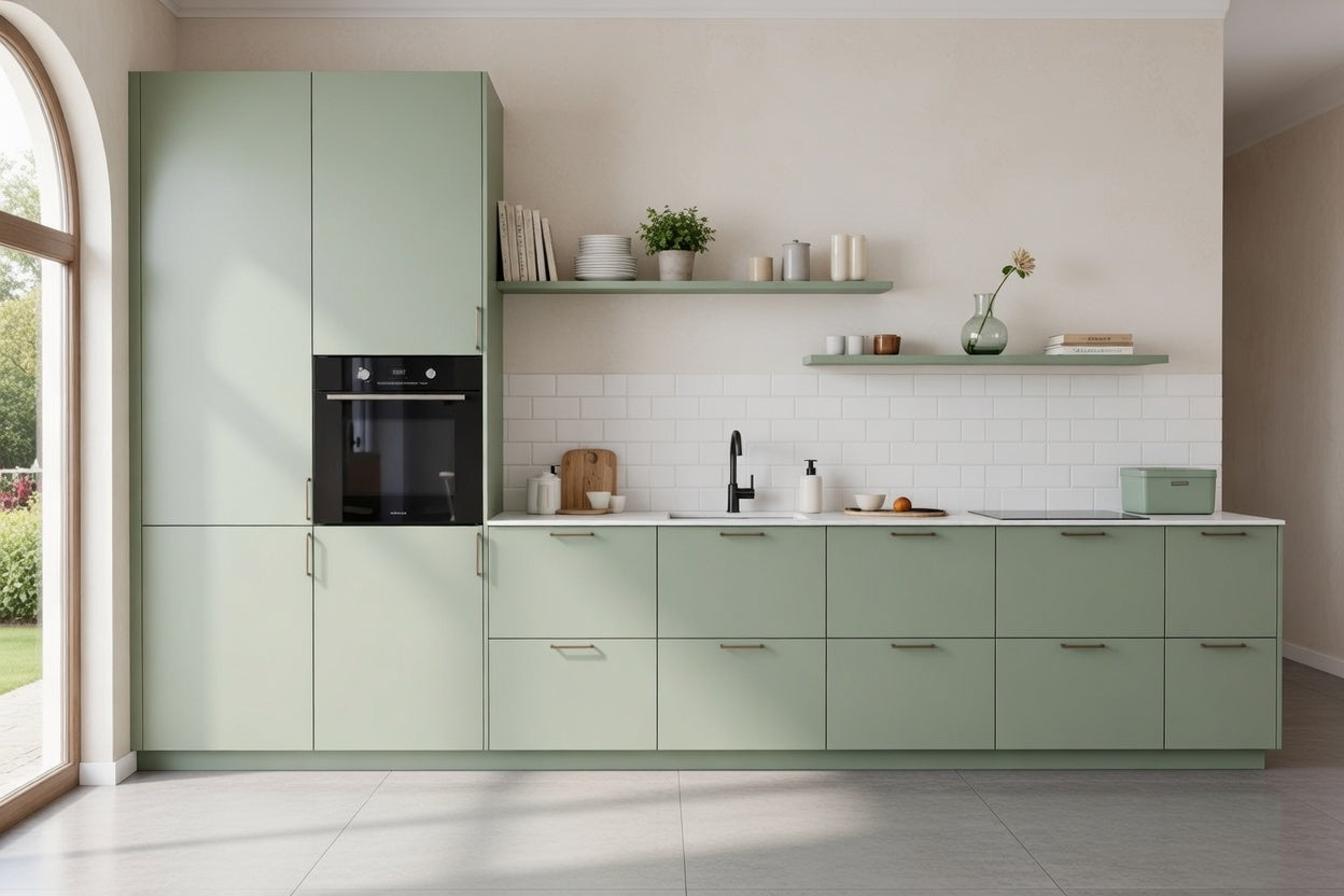 Cuisine linéaire sur mesure mélaminé, appareils encastrés en colonne, design épuré