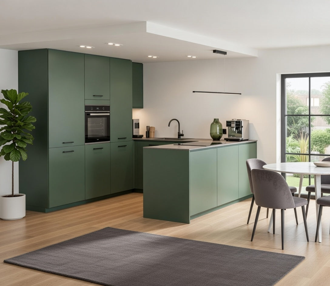Cuisine laquée mate avec îlot central et mur d'armoires, agencement sur mesure épuré