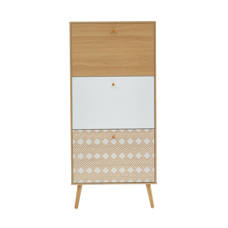 Meuble à chaussures 3 portes effet chêne motifs LEIKA, style scandinave pour entrée