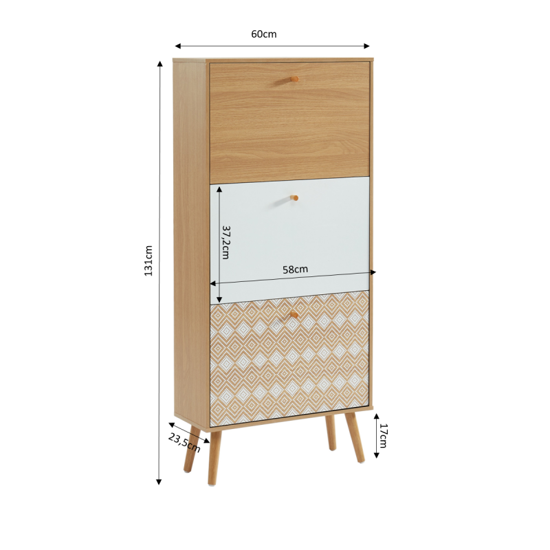 Meuble à chaussures LEIKA motifs et effet chêne 3 portes