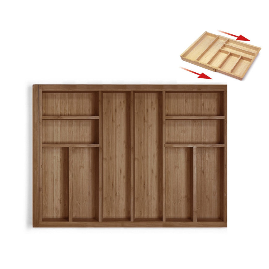 Range-couverts extensible bambou finition noyer, organiseur tiroir réglable 725 à 1025 mm