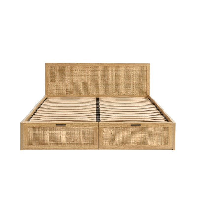Lit à tiroirs 140x190 cannage rotin avec rangements intégrés, sommier inclus