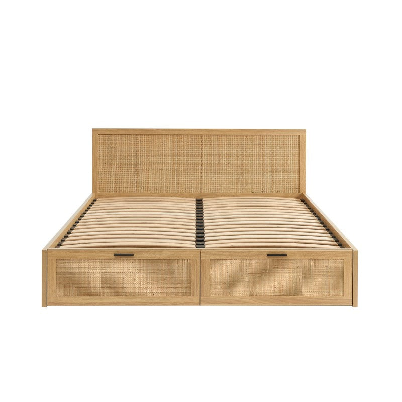 Lit à tiroirs 160x200 cannage rotin avec rangements intégrés, sommier inclus