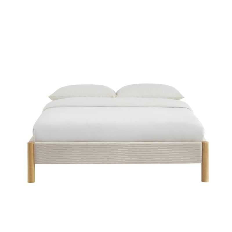 Lit 140x190 en velours côtelé beige avec pieds en hévéa massif, sommier inclus