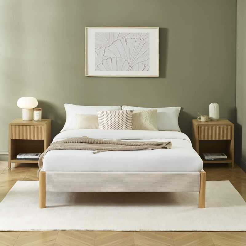 Lit BOWI velours côtelé beige 140x190 sommier inclus