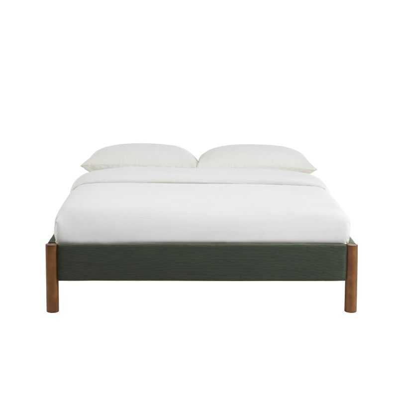 Lit double 140x190 en velours côtelé kaki avec pieds en hévéa massif, sommier inclus