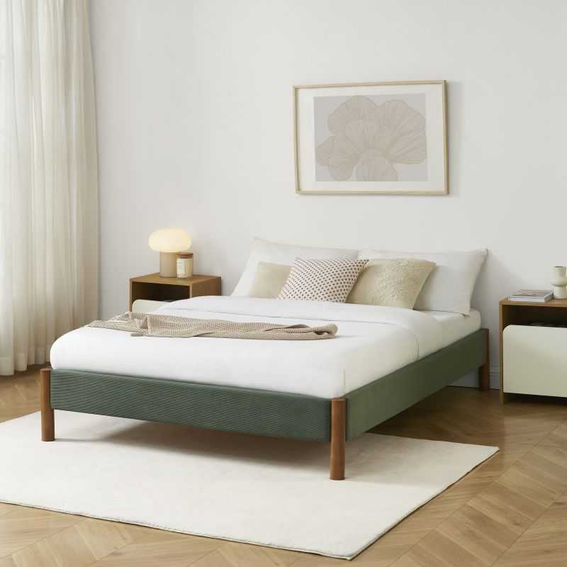 Lit BOWI velours côtelé kaki 140x190 sommier inclus