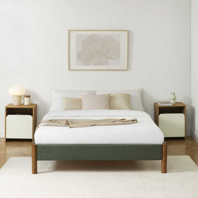 Lit BOWI velours côtelé kaki 140x190 sommier inclus