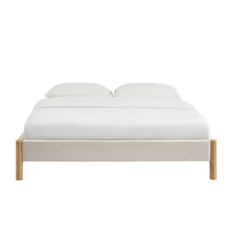 Lit double 160x200 en velours côtelé beige avec pieds hévéa massif, élégant et confortable