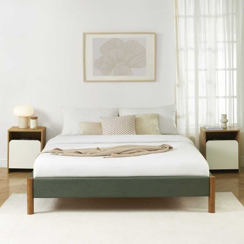 Lit BOWI velours côtelé kaki 160x200 sommier inclus