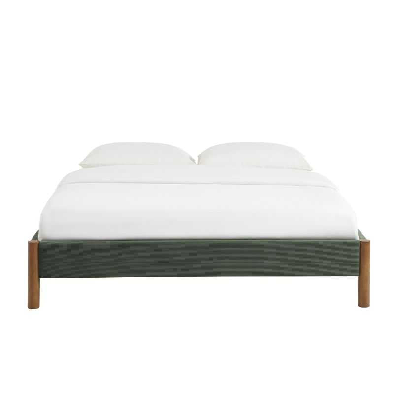 Lit en velours côtelé kaki 160x200 avec pieds en hévéa massif, sommier inclus