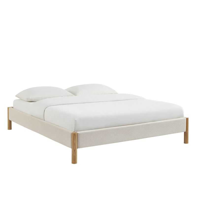 Lit BOWI velours côtelé beige 160x200 sommier inclus