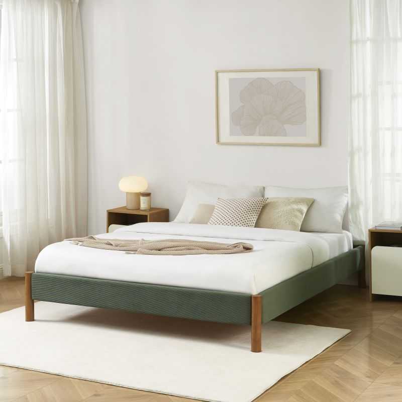 Lit BOWI velours côtelé kaki 160x200 sommier inclus