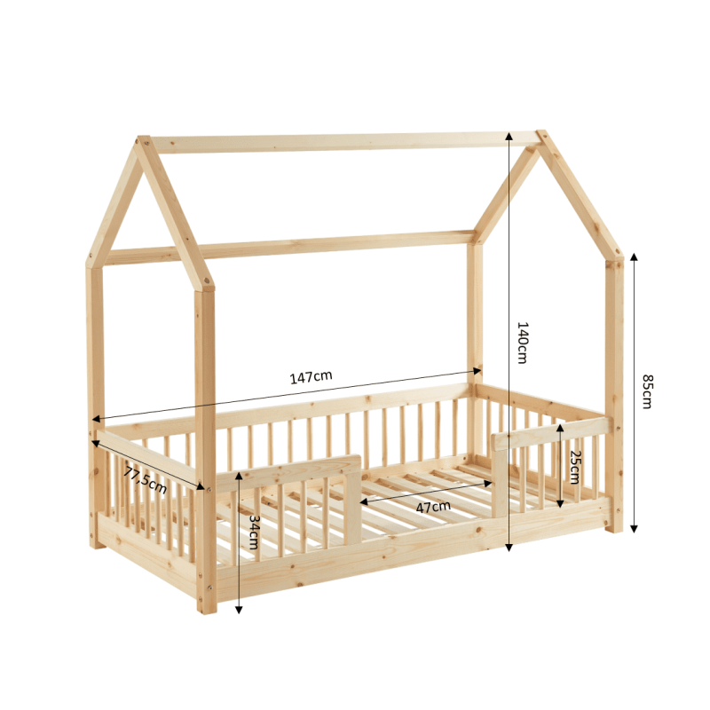 Lit cabane avec barrières TINY 70x140 pin massif sommier inclus