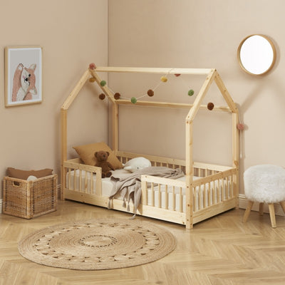 Lit cabane avec barrières TINY 70x140 pin massif sommier inclus