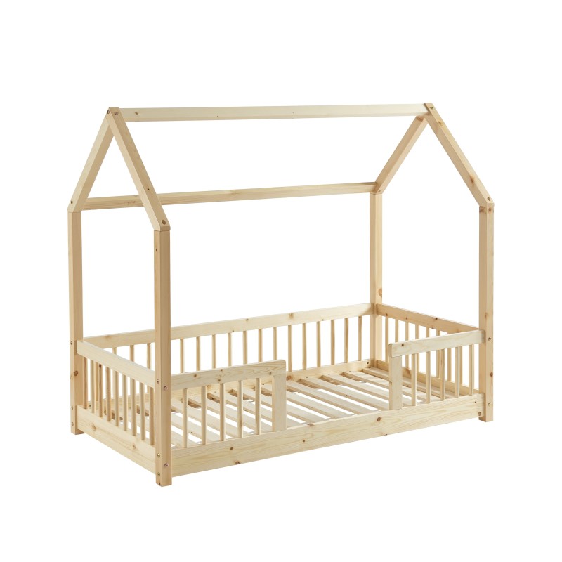 Lit cabane avec barrières TINY 70x140 pin massif sommier inclus