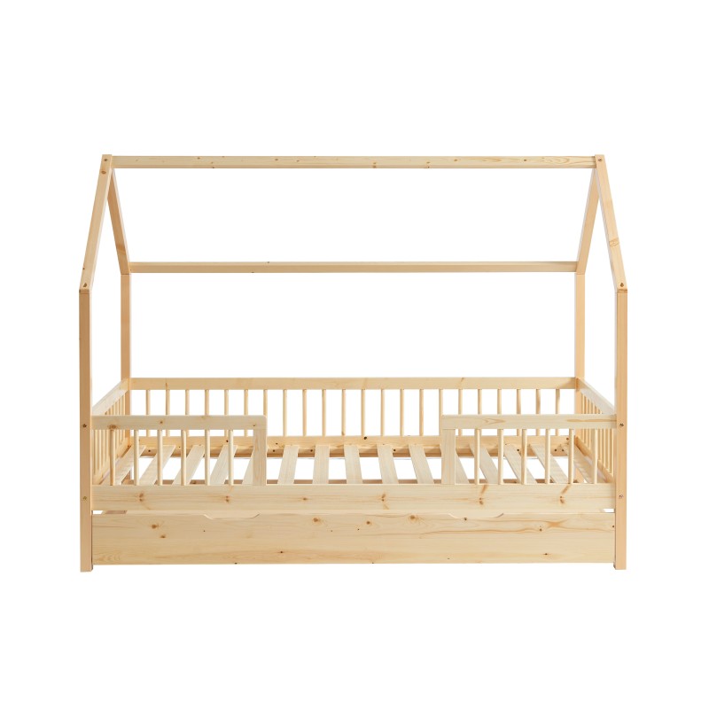 Lit cabane enfant TINY 90x190 en pin massif avec barrières et tiroir intégré