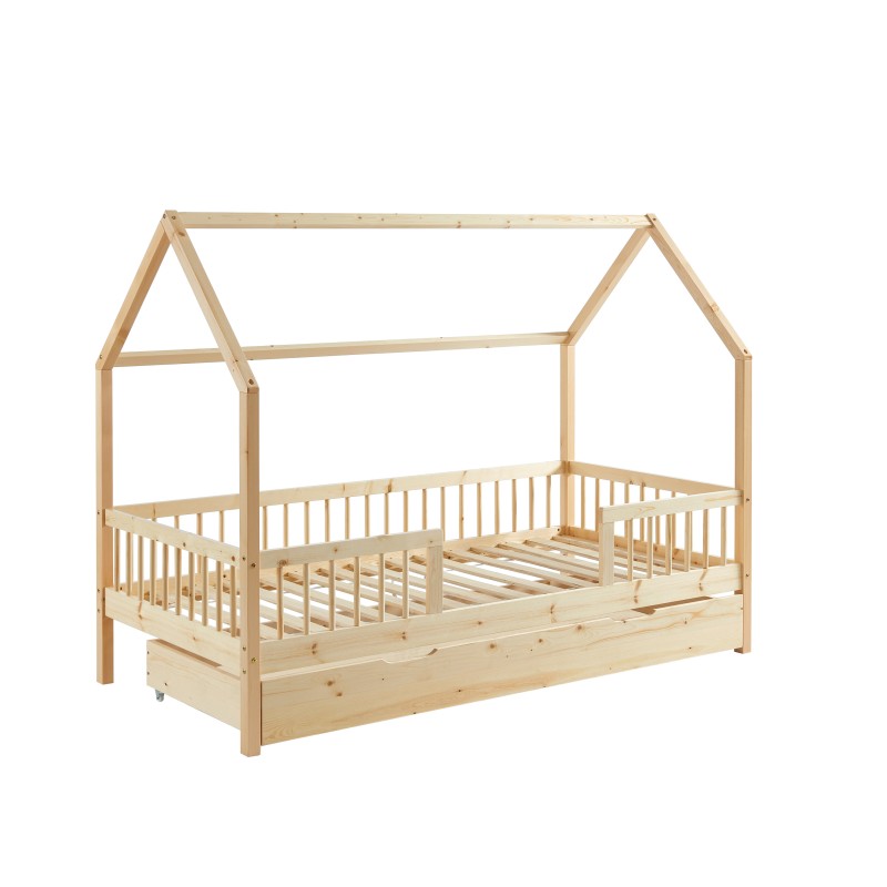Lit cabane avec barrières TINY 90x190 pin massif sommier + tiroir inclus
