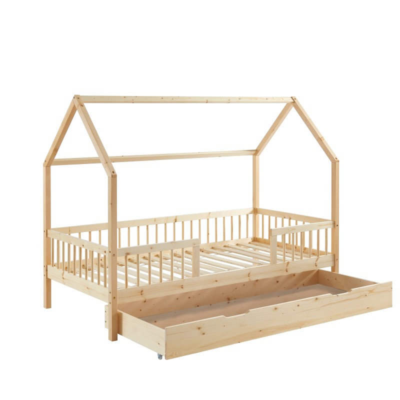 Lit cabane avec barrières TINY 90x190 pin massif sommier + tiroir inclus