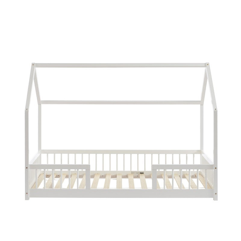 Lit cabane enfant 90x190cm en pin massif blanc avec barrières, sommier inclus