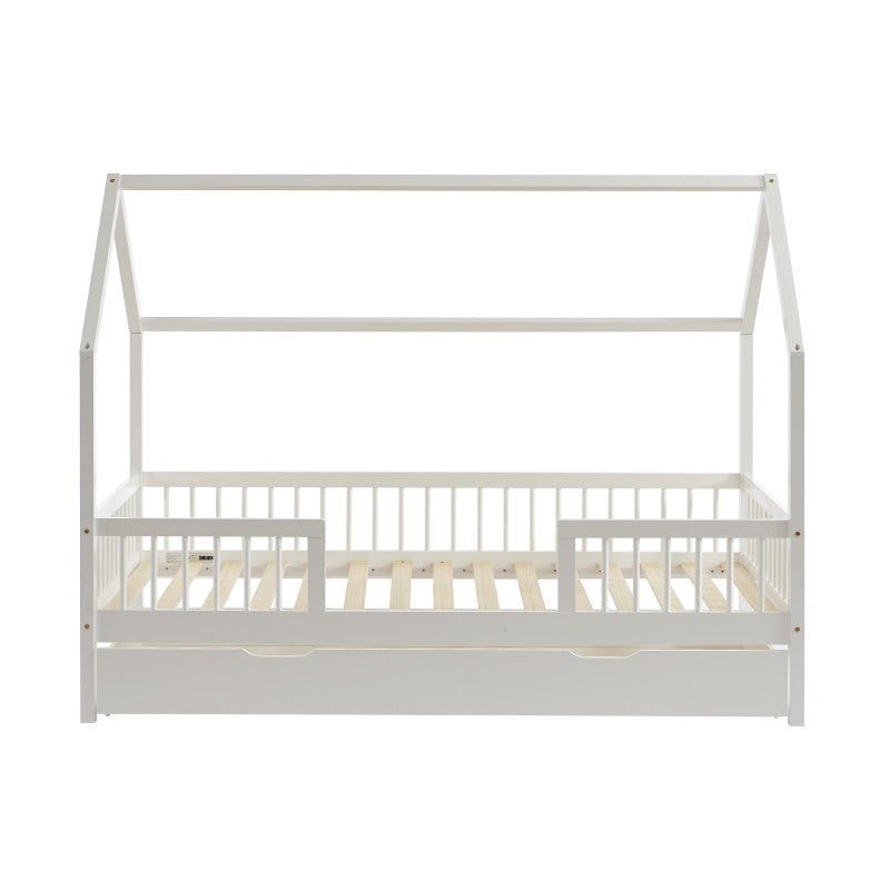 Lit cabane enfant TINY 90x190cm en pin massif blanc avec barrières et tiroir intégré